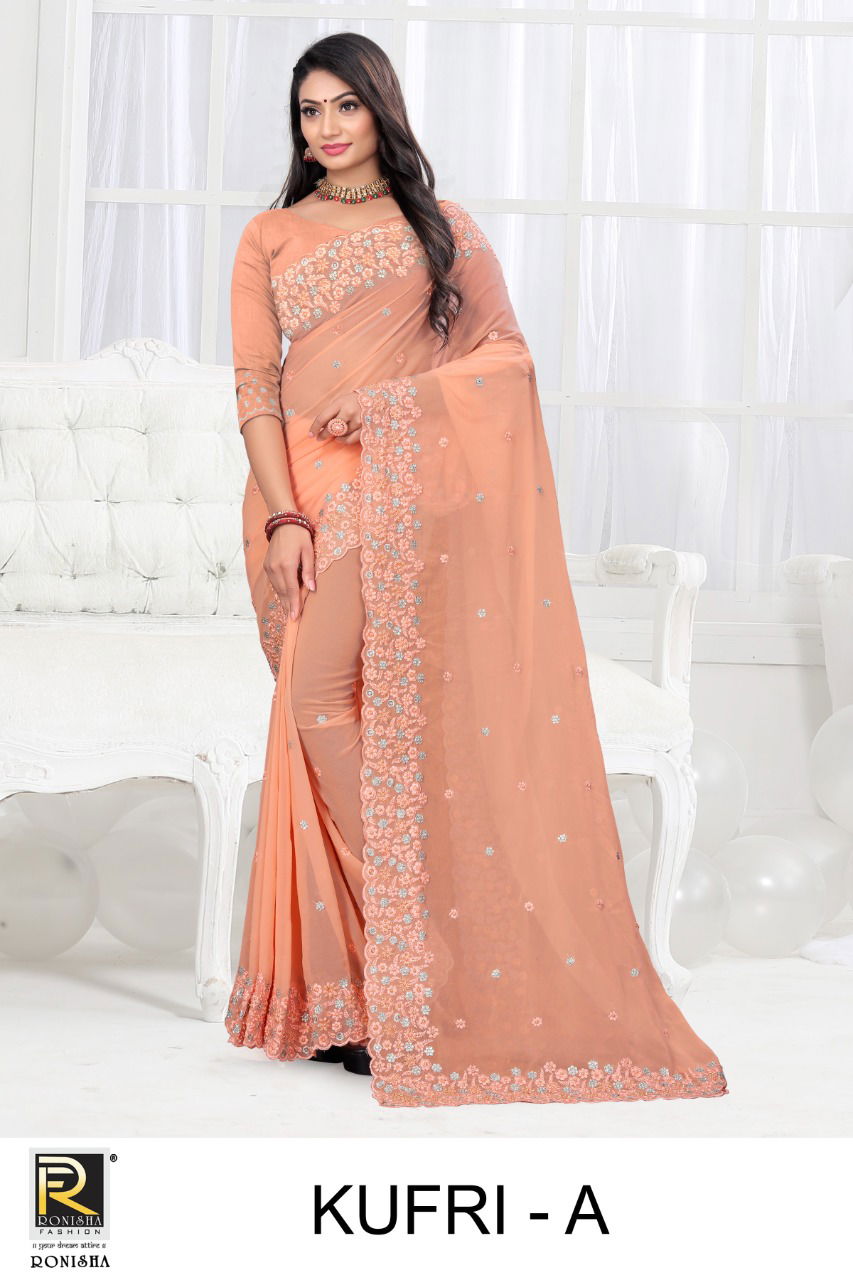 Ronisha Kufri Heavy Georgette Embroidery Designer Fancy Wear Saree Collection